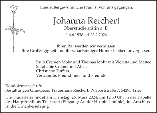 Traueranzeige von Johanna Reichert von trierischer_volksfreund