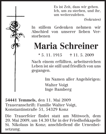 Traueranzeige von Maria Schreiner von TRIERISCHER VOLKSFREUND